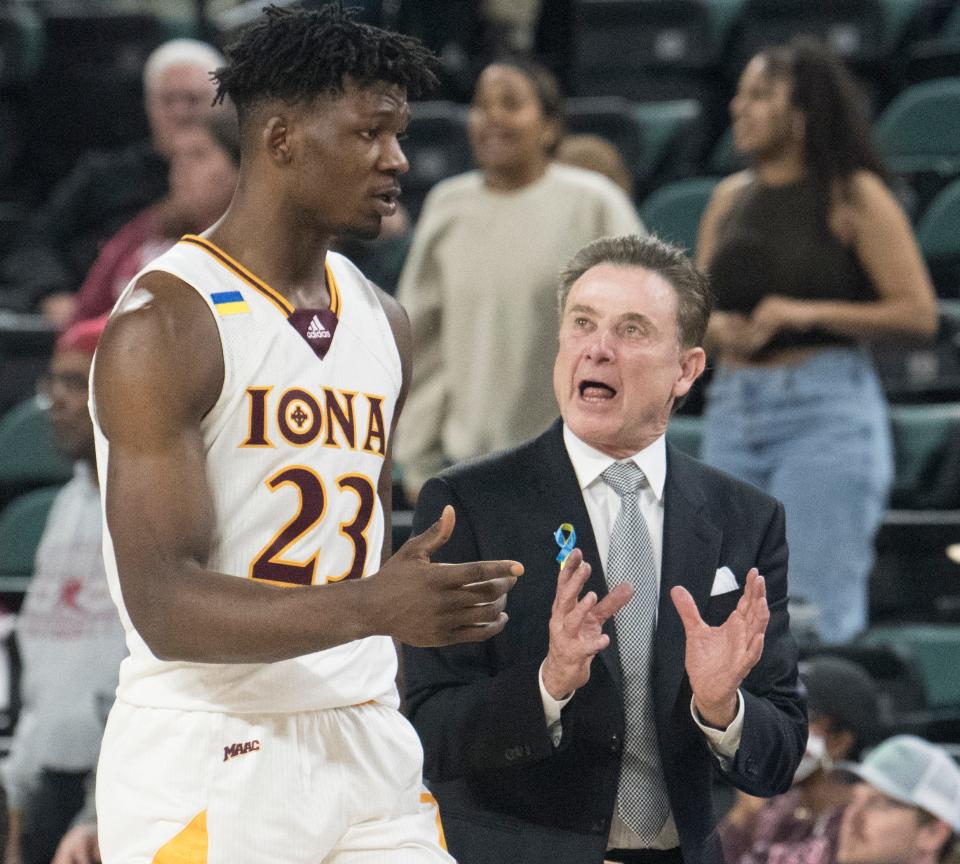 Iona coach Rick Pitino instructs Nelly Junior Joseph during the quarterfinal game of the MAAC Tournament between Iona and Rider played at Jim Whelan Boardwalk Hall in Atlantic City on Wednesday, March 9, 2022.