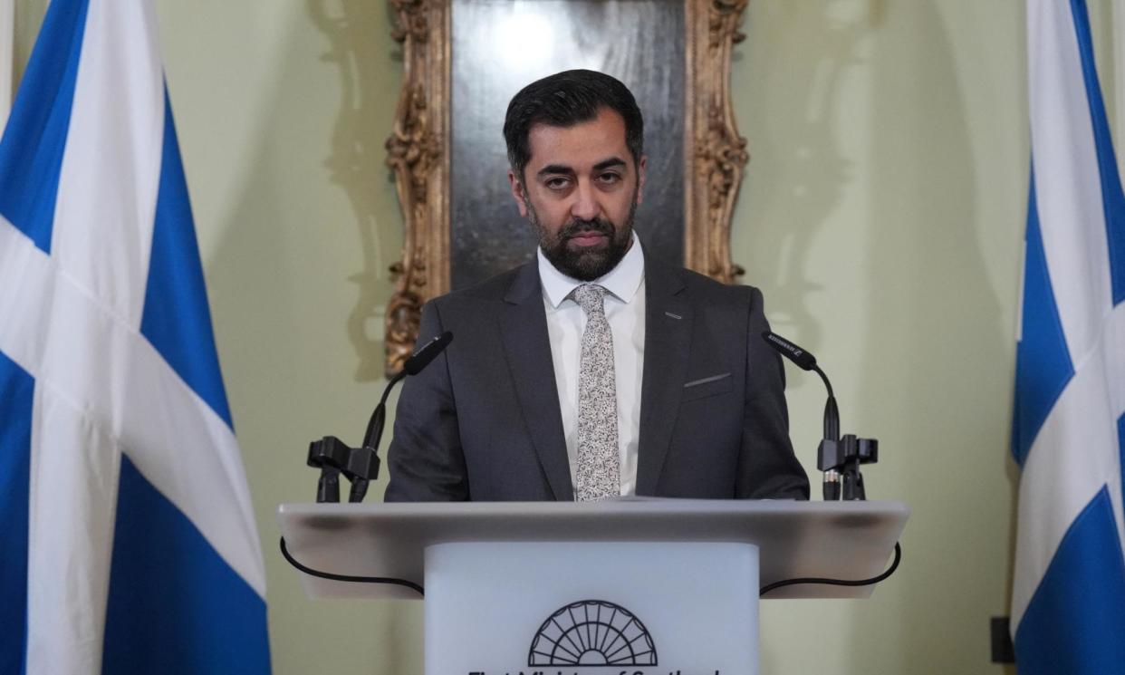 <span>Humza Yousaf speaks during a press conference in Bute House, Edinburgh, announcing his resignation.</span><span>Photograph: Andrew Milligan/Reuters</span>
