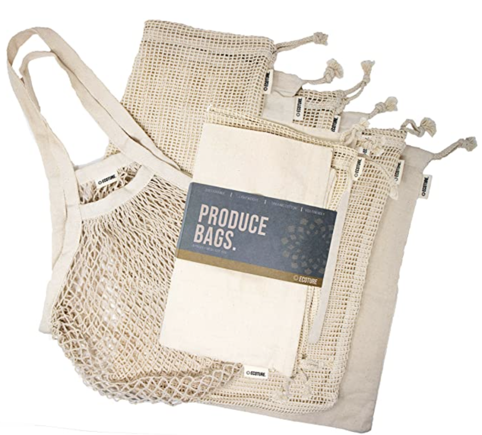 Eco-friendly reusable bags in mesh and muslin for grocery shopping. PHOTO: Amazon
