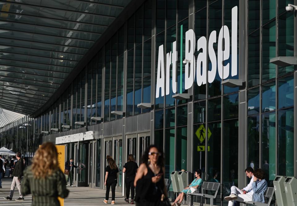 The Art Basel sign on the outside of the convention center in Miami