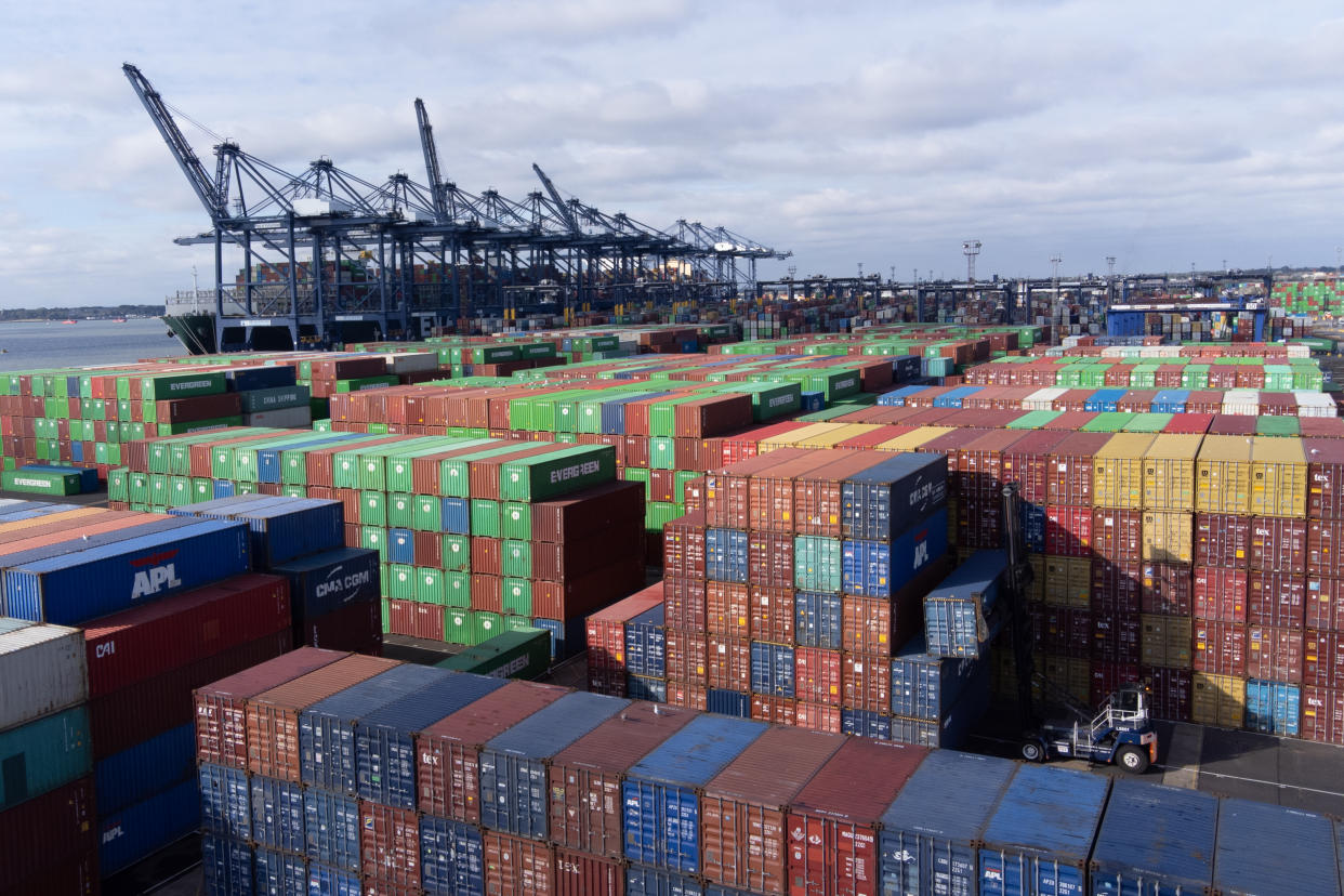 Shipping containers at the Port of Felixstowe in Suffolk, England. Photo: PA