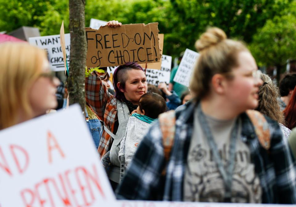 A large crowd of about 500 people attended the Defend Roe! Emergency Rally at the Park Central Square in Downtown Springfield on Friday, May 6, 2022. The protest was held after a draft of a Supreme Court opinion was leaked showing it would overturn the landmark 1973 Roe v. Wade decision.