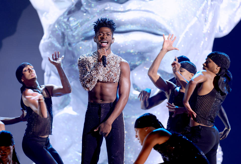 LAS VEGAS, NEVADA - APRIL 03: Lil Nas X performs onstage during the 64th Annual GRAMMY Awards at MGM Grand Garden Arena on April 03, 2022 in Las Vegas, Nevada. (Photo by Rich Fury/Getty Images for The Recording Academy)