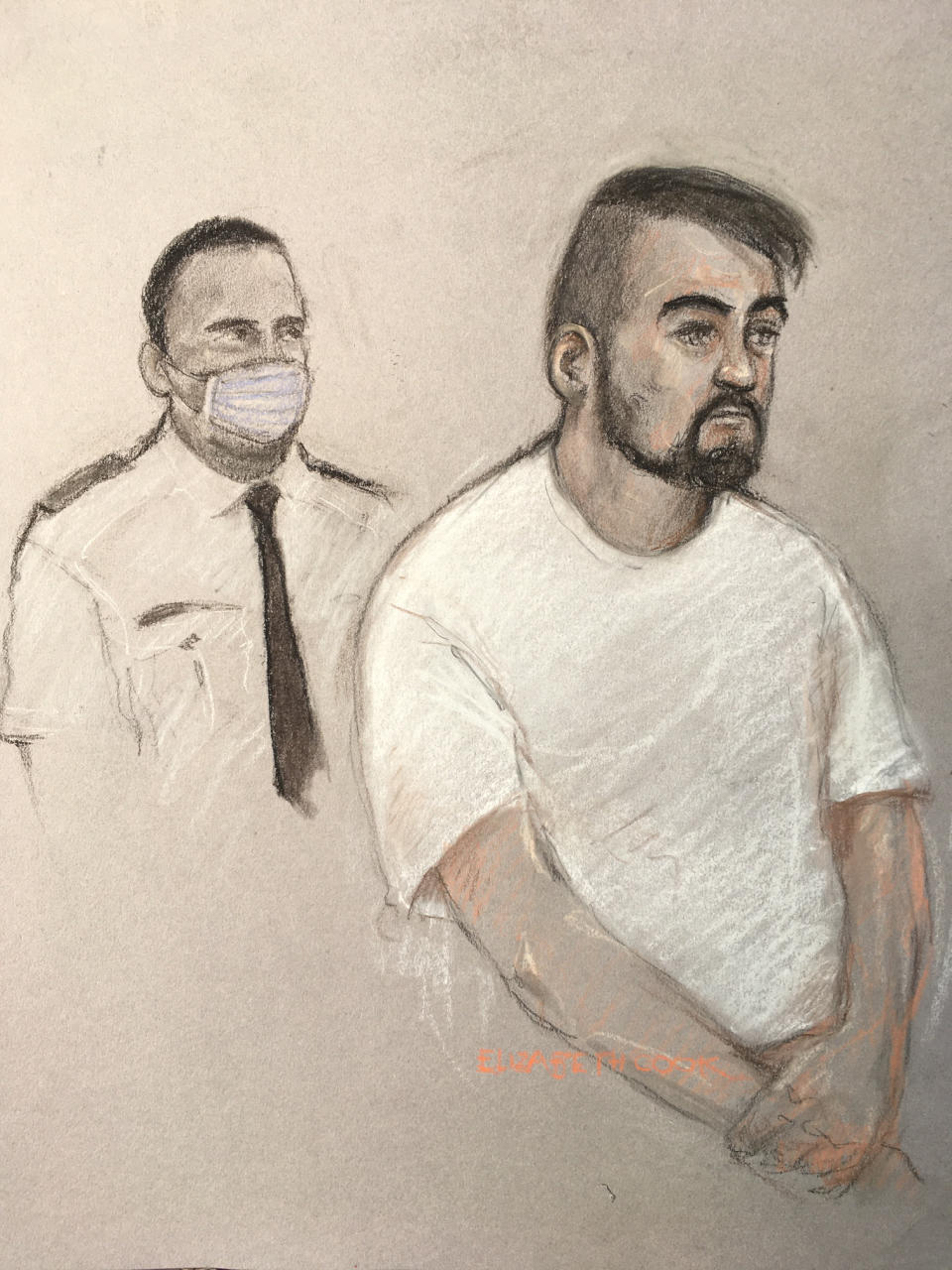 A court artist's sketch of Andrew Banks, right, who pleaded guilty to outraging public decency (PA)