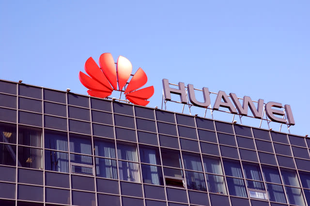 Moscow 30/08/2019 Huawei telecom company logo on office building  against clear blue sky.
