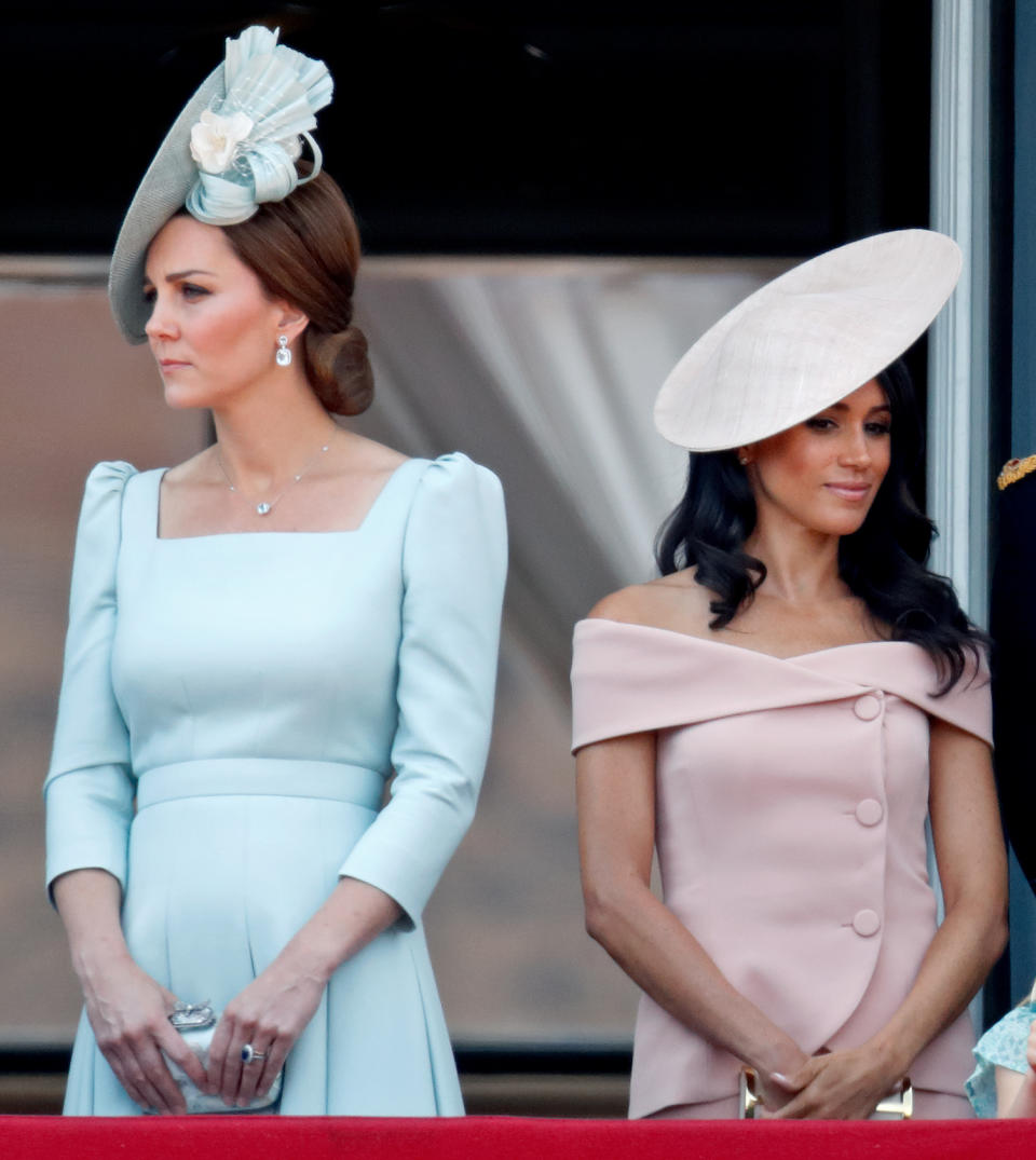  Catherine, Duchess of Cambridge and Meghan, Duchess of Sussex stand on the balcony of Buckingham Palace during Trooping The Colour 2018 on June 9, 2018 in London, England. The annual ceremony involving over 1400 guardsmen and cavalry, is believed to have first been performed during the reign of King Charles II. The parade marks the official birthday of the Sovereign, even though the Queen's actual birthday is on April 21st.