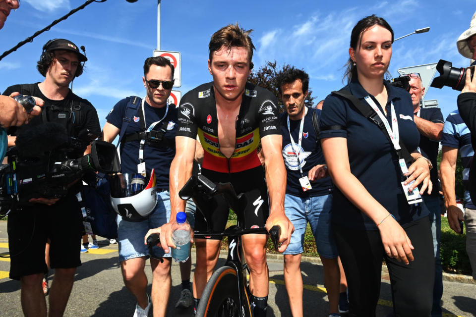 ABTWILL SWITZERLAND  JUNE 18 Remco Evenepoel of Belgium and Team Soudal QuickStep reacts after the 86th Tour de Suisse 2023 Stage 8 a 257km individual time trial from St Gallen to Abtwil  UCIWT  on June 18 2023 in Abtwil Switzerland Photo by Tim de WaeleGetty Images