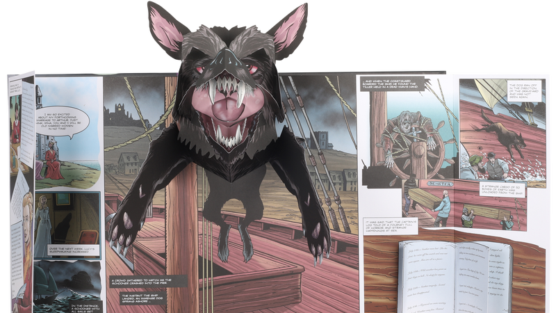 A giant dog leaps off the page in a pop-up version of Dracula