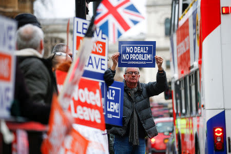 Pro-Brexit demonstrators hold signs outside the Houses of Parliament in London, Britain January 9, 2019. REUTERS/Henry Nicholls