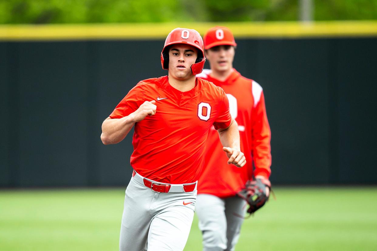 Ohio State's Kade Kern warms up before a game at Iowa on May 5.