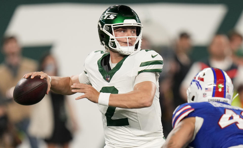 New York Jets quarterback Zach Wilson (2) passes against the Buffalo Bills during the first quarter of an NFL football game, Monday, Sept. 11, 2023, in East Rutherford, N.J. (AP Photo/Seth Wenig)