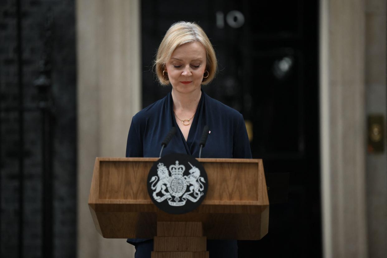 TOPSHOT - Britain's Prime Minister Liz Truss reacts as she delivers a speech outside of 10 Downing Street in central London on October 20, 2022 to announce her resignation. - British Prime Minister Liz Truss announced her resignation on after just six weeks in office that looked like a descent into hell, triggering a new internal election within the Conservative Party. (Photo by Daniel LEAL / AFP) (Photo by DANIEL LEAL/AFP via Getty Images)