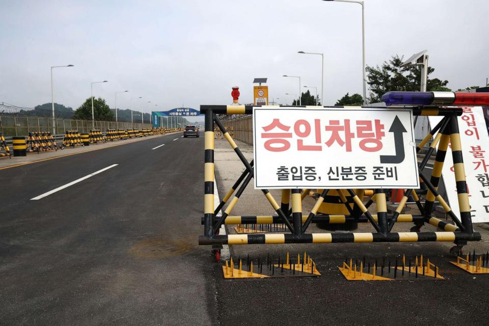 PHOTO: Barricades are placed near the Unification Bridge, which leads to the Panmunjom in the Demilitarized Zone on July 19, 2023 in Paju, South Korea. (Chung Sung-jun/Getty Images)