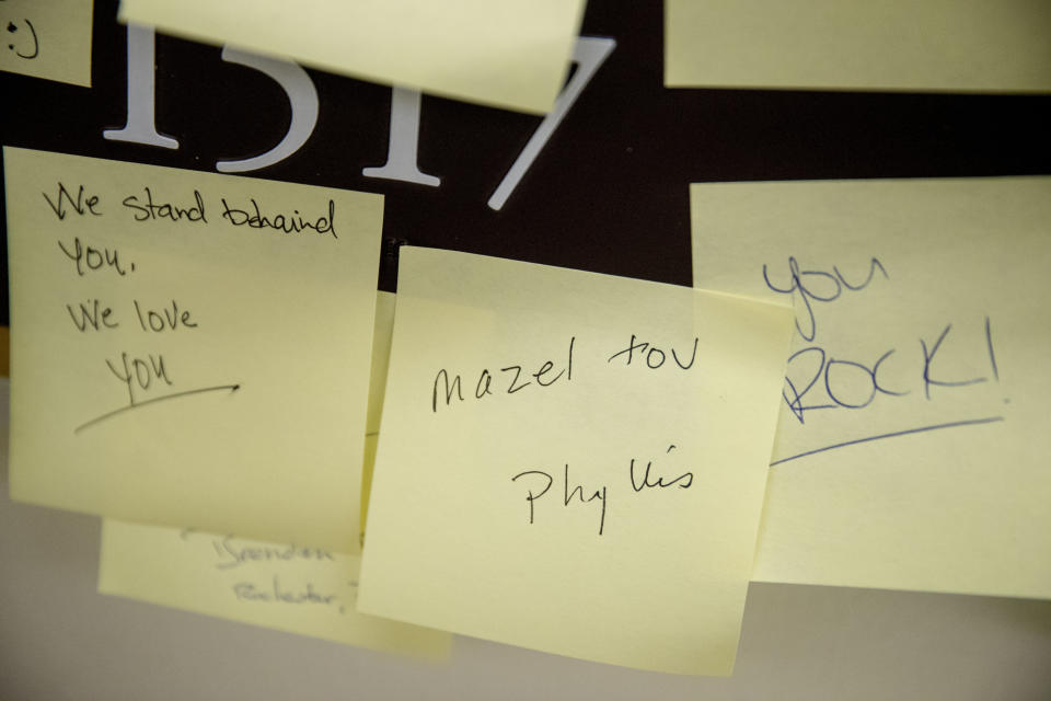 FILE - People leave post-it notes of support outside the office of Rep. Ilhan Omar, D-Minn., on Capitol Hill in Washington, Feb. 11, 2019. (AP Photo/Andrew Harnik, File)