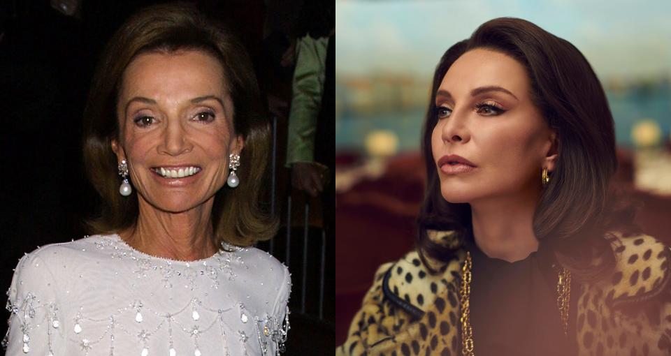 Lee Radziwell (L) circa April 2001. Calista Flockhart as Lee Radziwill (R) in FX's upcoming limited series 'Feud: Capote vs. The Swans'.