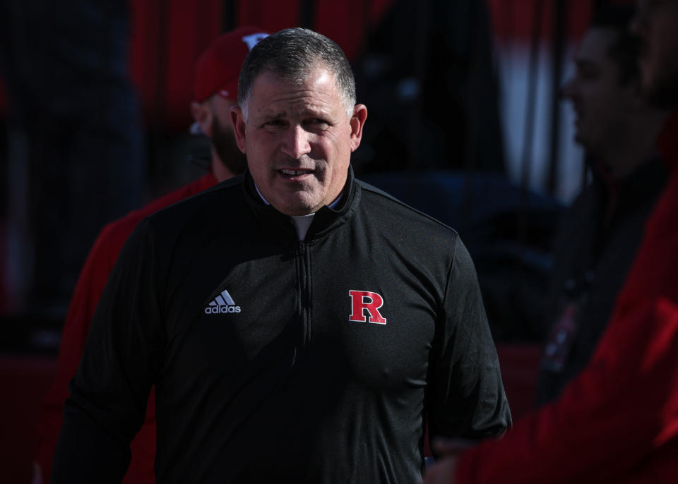 Nov 6, 2021; Piscataway, New Jersey, USA; Rutgers Scarlet Knights head coach Greg Schiano walks on the field before the game against the Wisconsin Badgers at SHI Stadium. Mandatory Credit: Vincent Carchietta-USA TODAY Sports