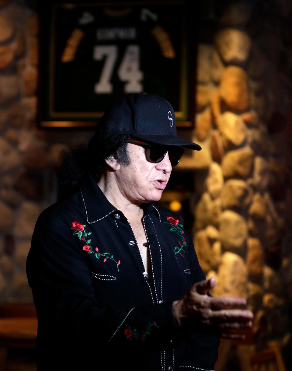 KISS band member Gene Simmons speaks to media at Potawatomi Casino Hotel Carter on Sept. 1, 2023, in Wabeno, Wis. Sarah Kloepping/USA TODAY NETWORK-Wisconsin