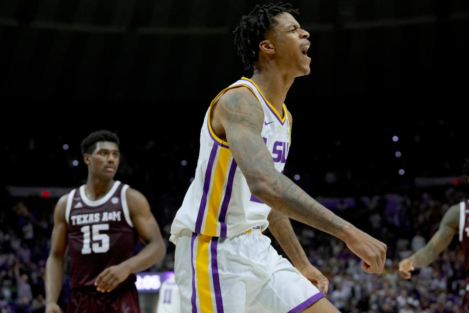 LSU forward Shareef O'Neal (24) reacts during a game against Texas A&M earlier this season at the PMAC.