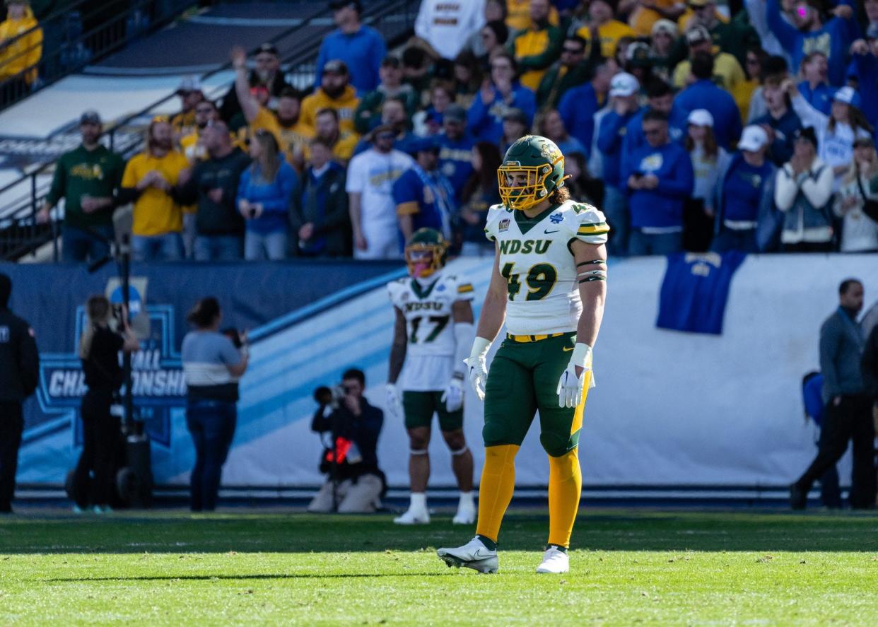 North Dakota State University player Hunter Brozio lines up for a kick return in the FCS national championship game. Brozio played linebacker for Lake Gibson and Victory Christian a few years ago.