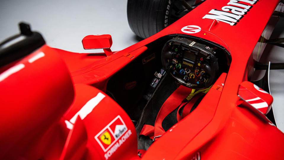 The cockpit of Michael Schumacher’s Ferrari F2001b Formula 1 car