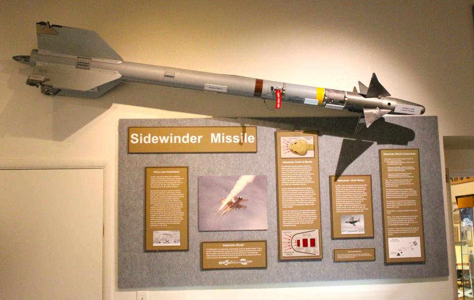 An actual sidewinder missile is on full display at the Maturango Museum, as seen on 11/21/23. The ordinance was named after the infrared sensing sidewinder rattlesnake.