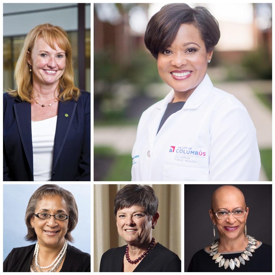 Panelists for the Columbus Conversation, "How can we empower and advance women in Columbus?" are, clockwise from top left: Sue Zazon, Dr. Mysheika W. Roberts, Janet Jackson, Sandra Anderson and Barb Smoot.