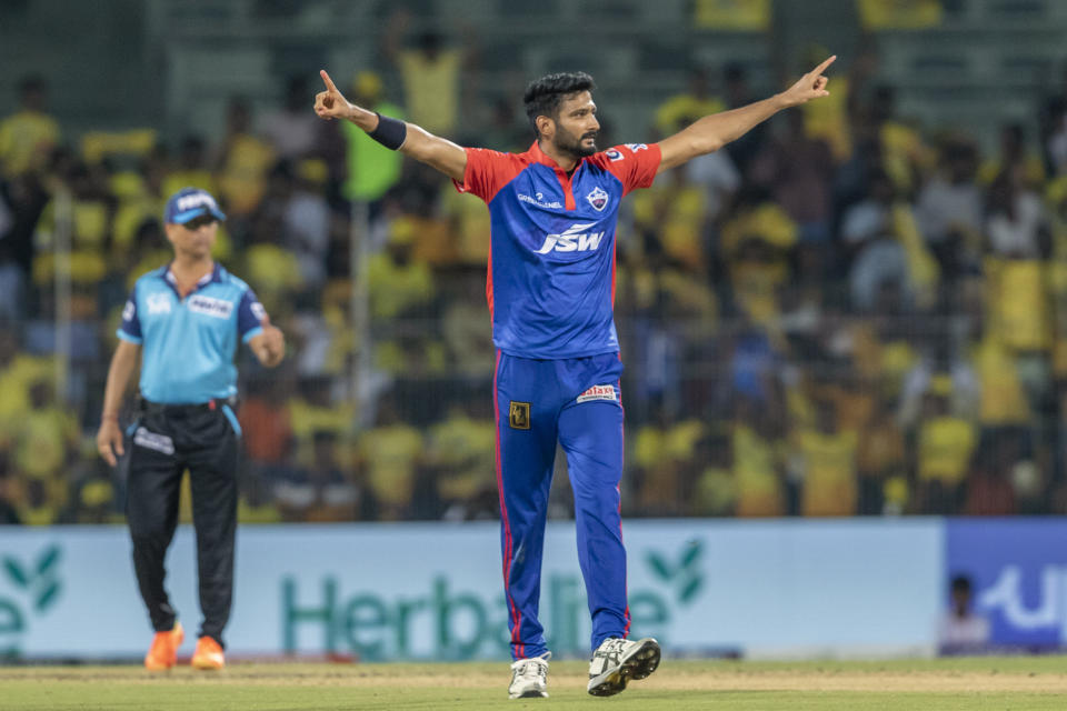 Delhi Capitals' Syed Khaleel Ahmed celebrates the wicket of Chennai Super Kings' Ambati Rayudu during the Indian Premier League cricket match between Delhi Capitals and Chennai Super Kings in Chennai, India, Wednesday, May 10, 2023. (AP Photo /R. Parthibhan)