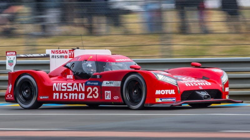 he #23 Nissan GT-R LM Nismo of Olivier Pla, Jann Mardenborough, and Max Chilton is shown in action in the rain during practice for the 24 Hours of Le Mans on June 10, 2015 in Le Mans, France.