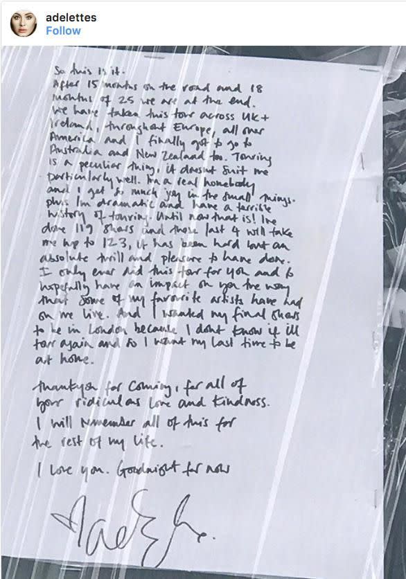 There was a handwritten message from Adele in her show program for her Wembley Stadium concert. Source: Getty