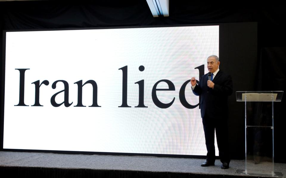 Israeli Prime minister Benjamin Netanyahu speaks during a news conference on Iran's nuclear programme at the Ministry of Defence in 2018 - AMIR COHEN /Reuters