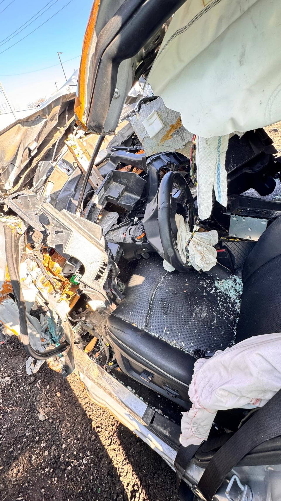 The collapsed driver's side seat where Matt Reum was trapped for six days beneath Interstate 94. He survived by drinking rainwater that dripped down through his truck's sunroof.