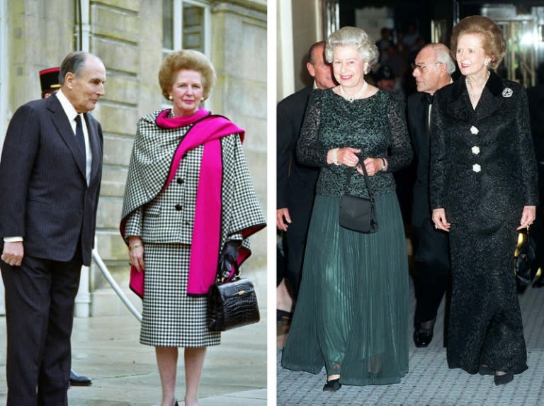 Two items belonging to Minister Margaret Thatcher that will be sold at auction in London: a reversible tweed wrap (left) and a dress (right) worn for her 70th birthday party