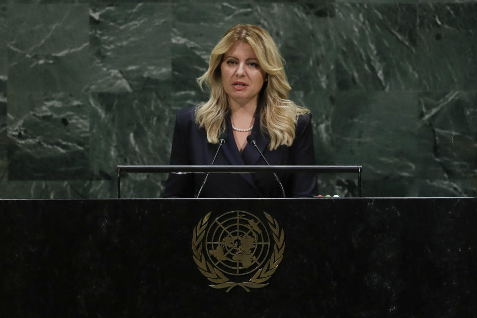 Slovakia's President Zuzana Caputova addresses the 74th session of the United Nations General Assembly, Tuesday, Sept. 24, 2019, at the United Nations headquarters. (AP Photo/Frank Franklin II)