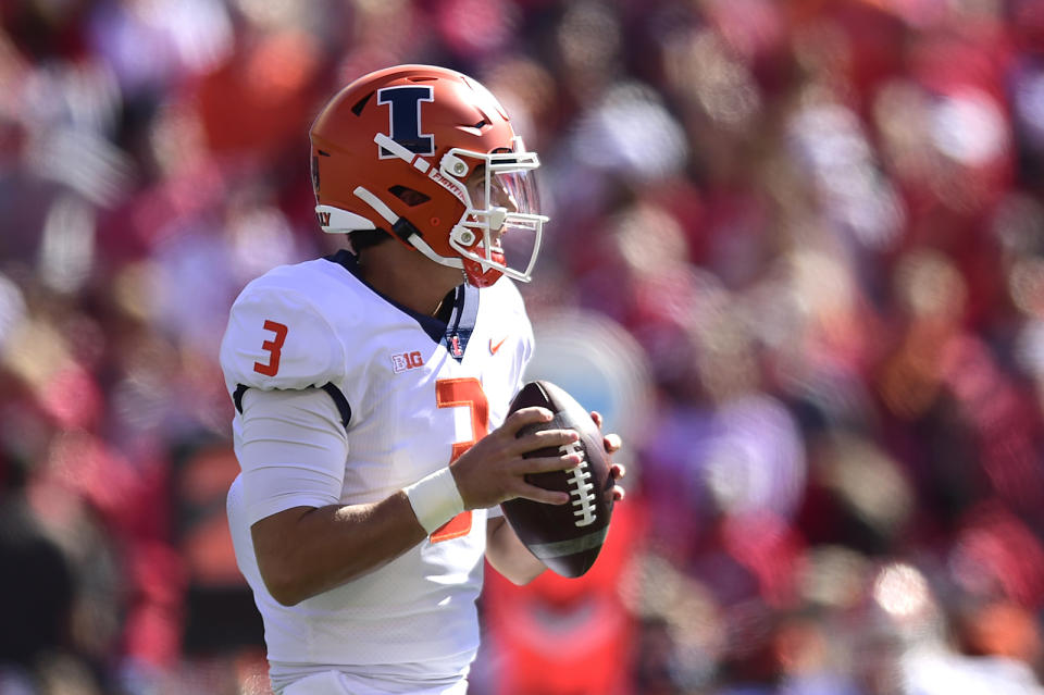 Illinois quarterback Tommy DeVito (3) looks to pass during the first half of an NCAA college football game against Wisconsin, Saturday, Oct. 1, 2022, in Madison, Wis. (AP Photo/Kayla Wolf)