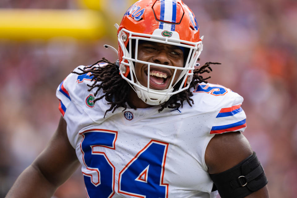 COLUMBIA, SOUTH CAROLINA - OCTOBER 14: Micah Mazzccua #54 of the Florida Gators reacts during their game against the South Carolina Gamecocks at Williams-Brice Stadium on October 14, 2023 in Columbia, South Carolina. (Photo by Jacob Kupferman/Getty Images)