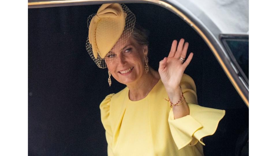 Sophie, Duchess of Edinburgh in yellow dress waving