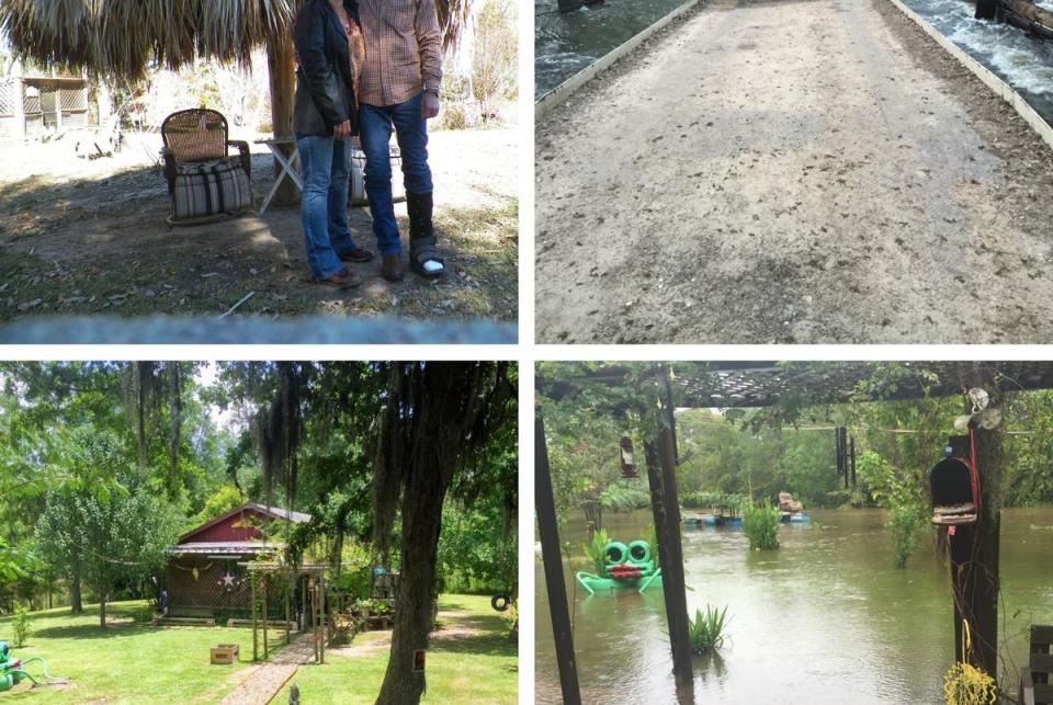 Top left: Linda Nelson and Thad Todd stand in front of a “Tiki Hut” they had on their property in Sam Houston Lake Estates in 2014. “We used to sit outside there and have coffee and Dr. Pepper,” Nelson said. Top right: A temporary bridge buckles under the force of floodwaters in 2017 following Hurricane Harvey in Sam Houston Lake Estates, isolating the community from the roadway. Bottom left: Thad Todd and Linda Nelson’s house, which Todd remodeled himself, is shown days before Hurricane Harvey hit in 2017. Bottom right: Betty, a pitbull mix, debates whether to take a dip in the rising floodwaters during Hurricane Harvey in 2017 in Sam Houston Lake Estates. “She loved the water,” said Linda Nelson. “She was always trying to get in to cool off, but we tried to keep her out because of the gators.” 