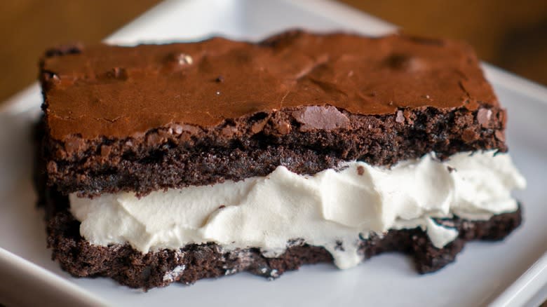 Brownie ice cream sandwich on plate 