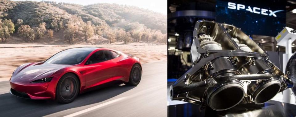 Tesla新一代Roadster可透過「SpaceX套件」提高性能，Elon Musk甚至用「汽車界的鋼鐵人」來比喻（圖片來源：https://electrek.co/2018/06/09/elon-musk-tesla-next-gen-roadster-spacex-package-rocket-thrusters/）