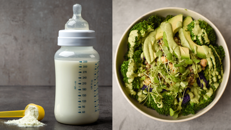 Side by side photos of formula bottle and salad