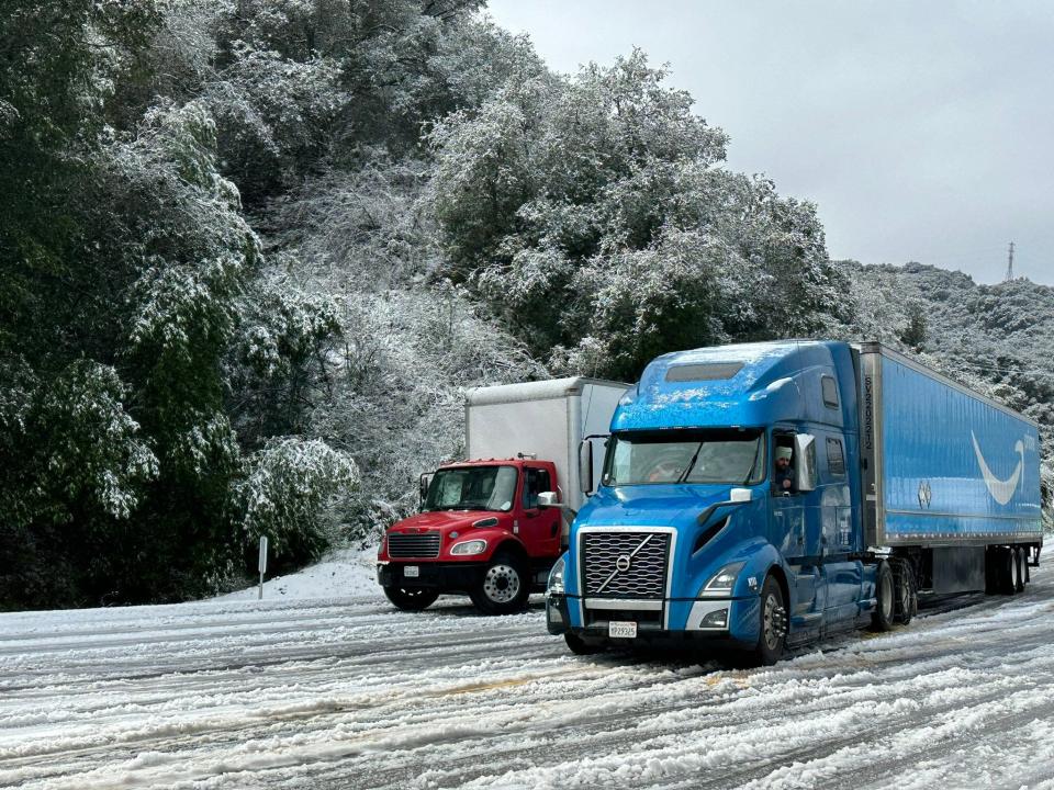 Snow closed Highway 154 over San Marcos Pass in Santa Barbara County for a time Thursday. Intermittent closures are possible as stormy weather moves through in coming days.