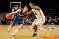 NEW YORK, NY - NOVEMBER 15: Austin Rivers #0 of the Duke Blue Devils drives the ball against Branden Dawson #22 of the Michigan State Spartans during the 2011 State Farm Champions Classic at Madison Square Garden on November 15, 2011 in New York City. (Photo by Patrick McDermott/Getty Images)