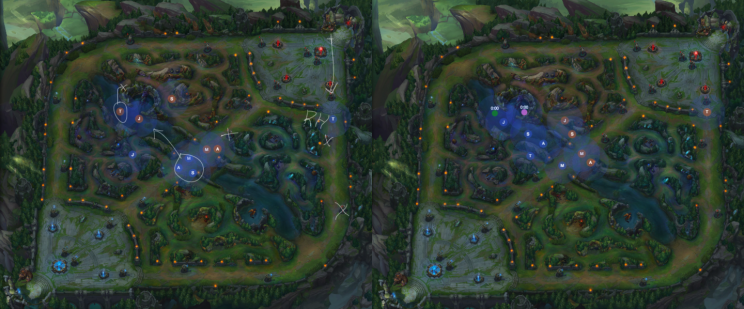 In the first image, blue side's top laner uses Rift Herald near inhibitor. In the second, Blue Team can secure Baron vision because Red Top had to respond (Rift Kit)