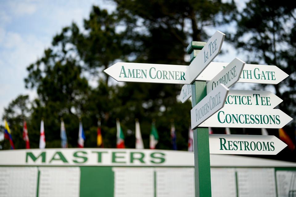 Signage directs patrons on the course during a practice round for the Masters Tournament at Augusta National Golf Club in Augusta, Georgia on April 10, 2024.