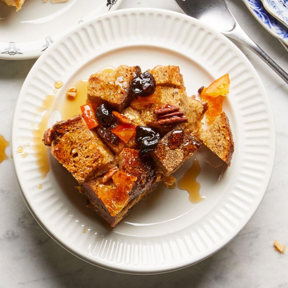 Fruitcake Overnight French Toast on White Plate and Background