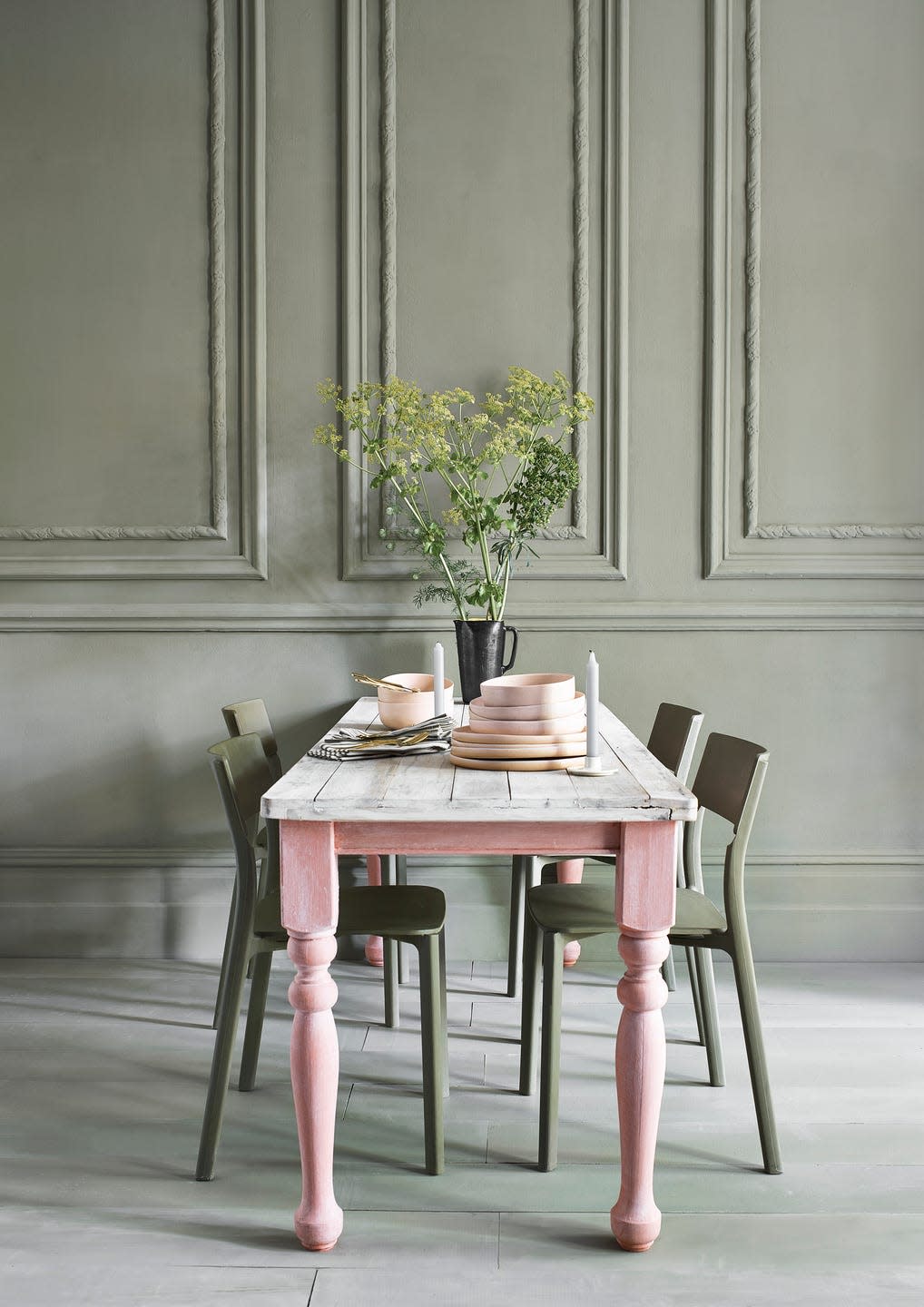 annie sloan dining room chalk paint in chateau grey, old white, scandinavian pink, olive lifestyle portra