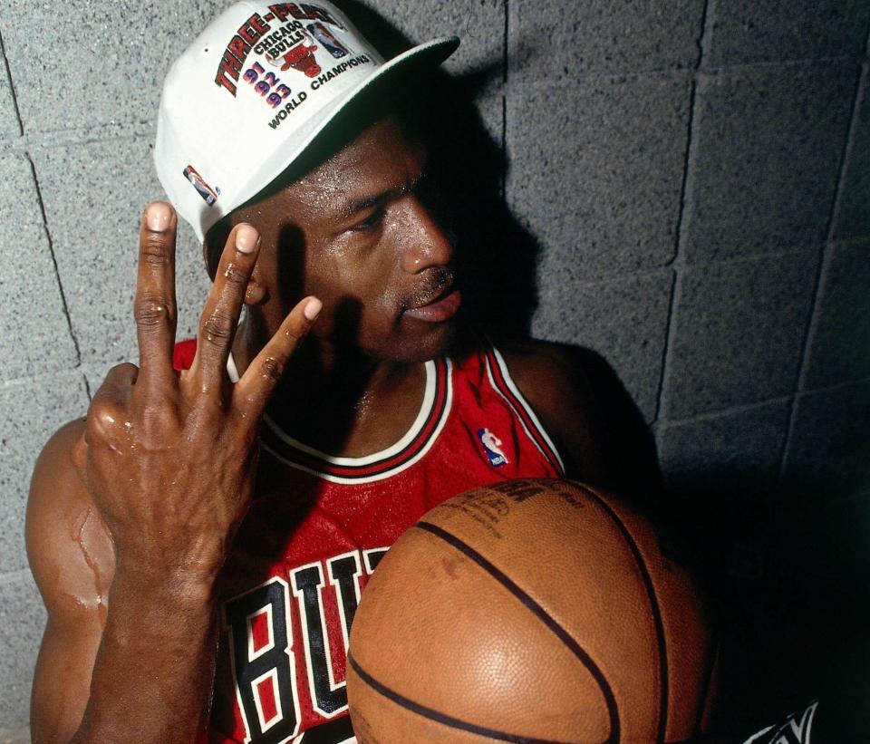 Michael Jordan celebrates winning the NBA Championship after Game Six of the 1993 NBA Finals on June 20, 1993, at America West Arena in Phoenix, Arizona. It's seen during the ESPN documentary &quot;The Last Dance.&quot;