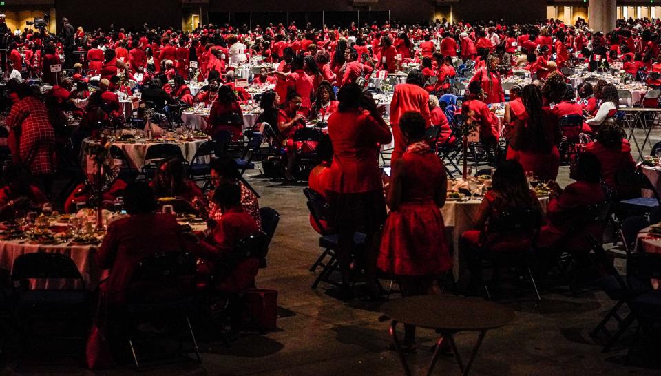 Attendees dress in red for the Delta Sigma Theta Sorority's Social Action Luncheon on Thursday, July 20, 2023, at the Indiana Convention Center in Indianapolis.