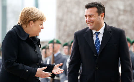 Chancellor Angela Merkel receives Macedonian Premier Zoran Zaev for talks in the Chancellery in Berlin, Germany, February 21, 2018. REUTERS/Axel Schmidt