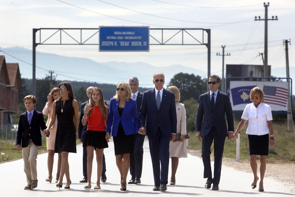 Biden family members head&nbsp;to a ceremony for a road near Camp Bondsteel U.S. Army base in Kosovo, which the Kosovan government named after Joseph R. &ldquo;Beau&rdquo; Biden III as a sign of gratitude for his&nbsp;contributions to the country. Pictured (from left) are Hunter Biden, Hallie Biden, Natalie Biden, Dr. Jill Biden, the vice president, Hunter Biden and Valerie Biden Owens on Aug. 17.